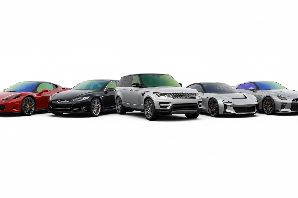 make me a collage of vehicles with  red, green and blue chameleon tint.
make it a long wide format banner for website
