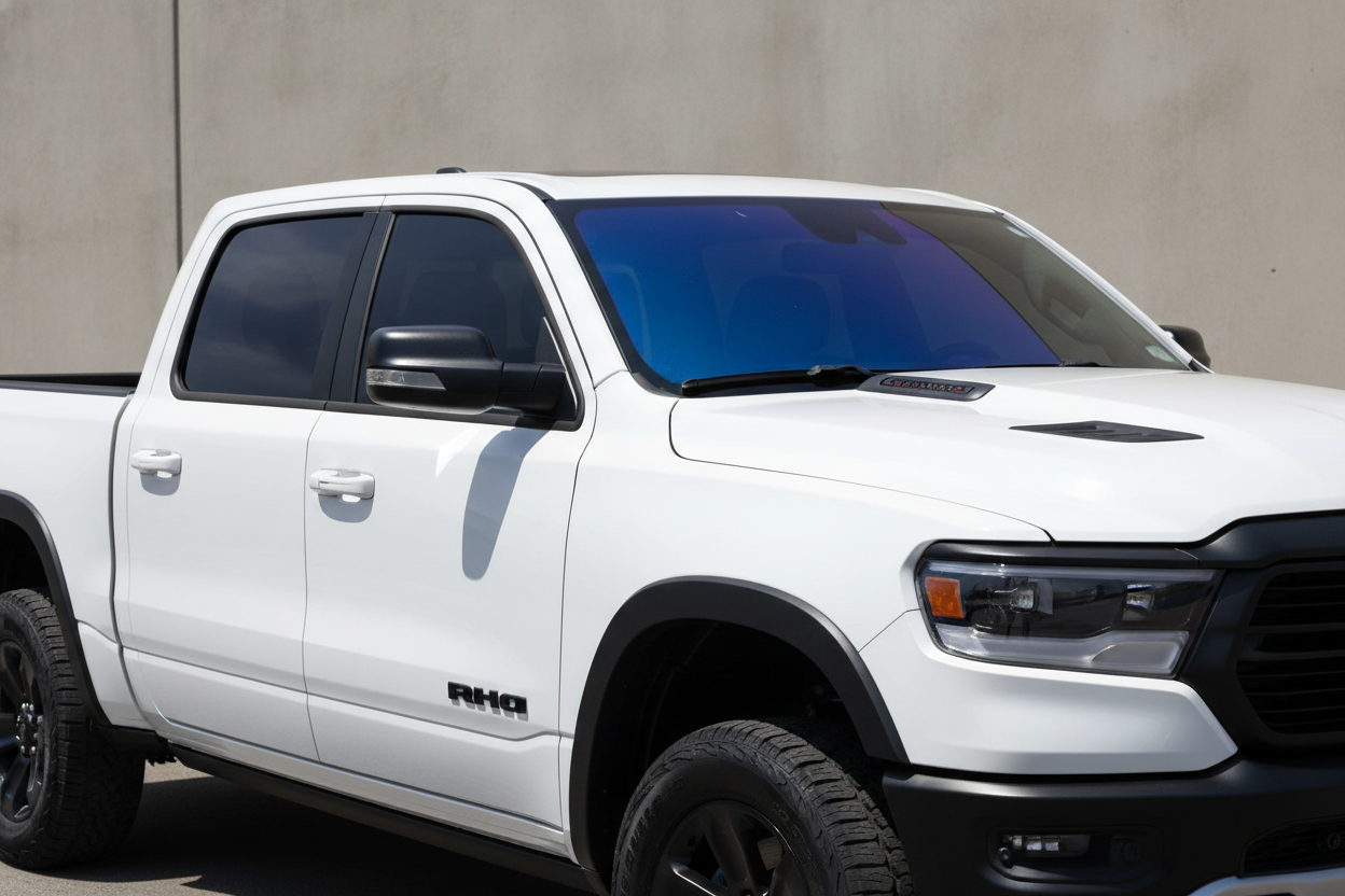 make me a image of a white 2025 rho with blue chameleon tint only on the windshield and 5% on the rest of the windows 