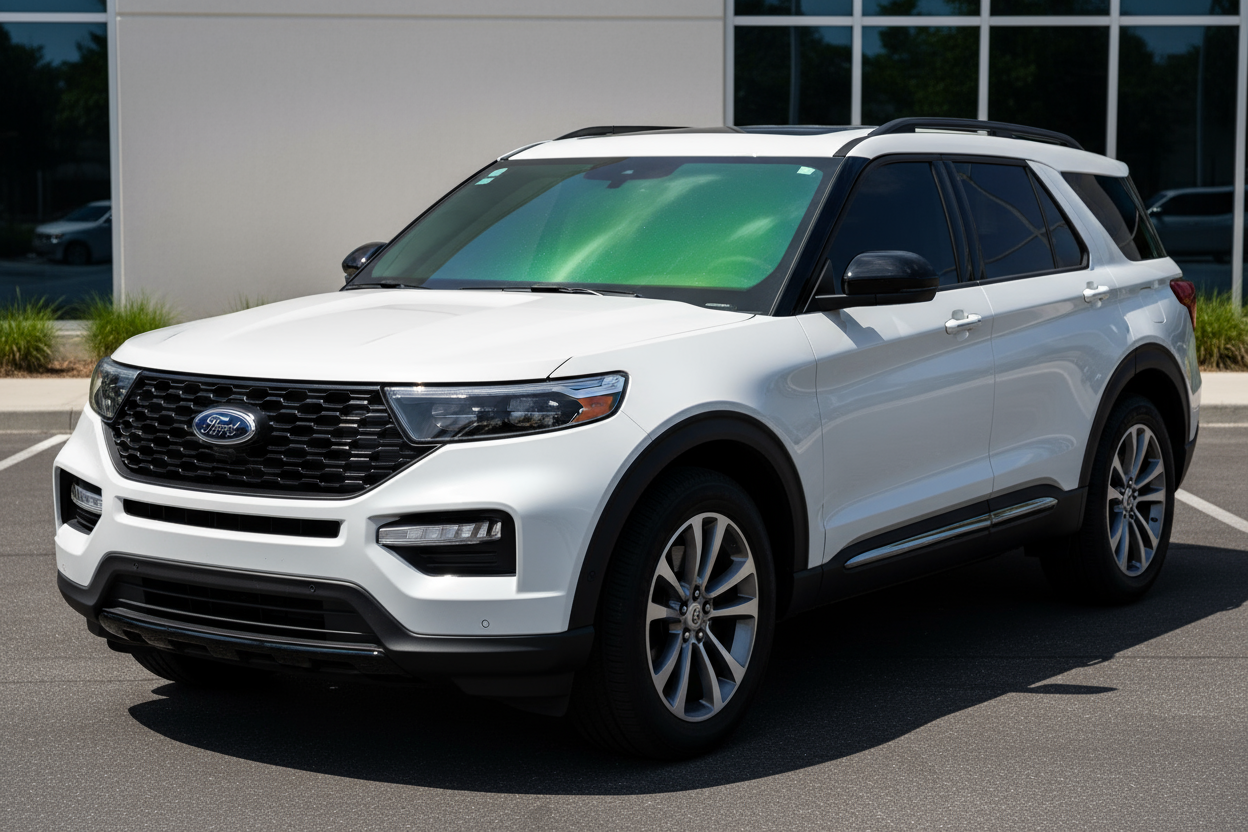 make me an image of green chameleon on a 2024 explorer just the windshield in green chameleon and the rest of the windows 5%